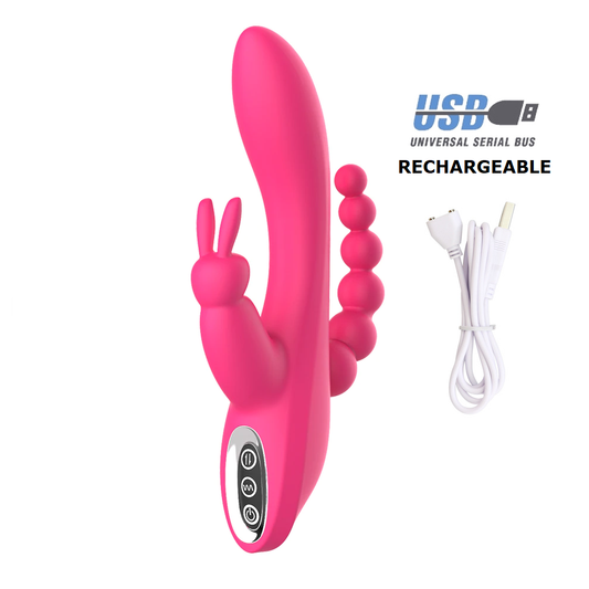 Silicone Rabbit Vibrator Double Penetration Anal Beads USB Rechargeable Pink