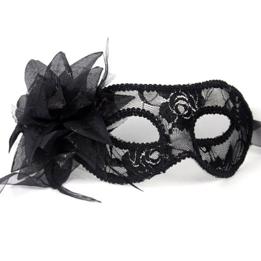 Lace Masquerade Burlesque Face Eye Mask with Flower - Black, Red or White