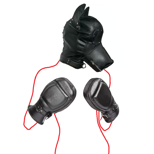 Dog Gimp Gag Muzzle Mask and Puppy Gloves Mitts Kit