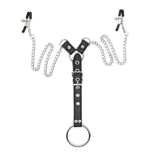 Cock Ring with Linking Chest Strap and Nipple Clamps