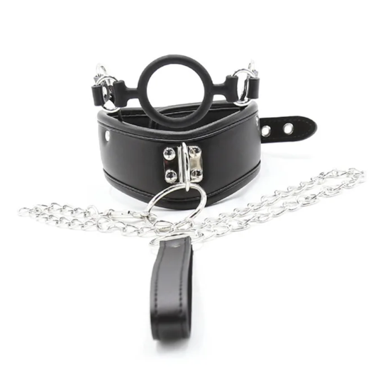 Fetish Slave Collar with O-Ring Open Mouthed Gag and Lead
