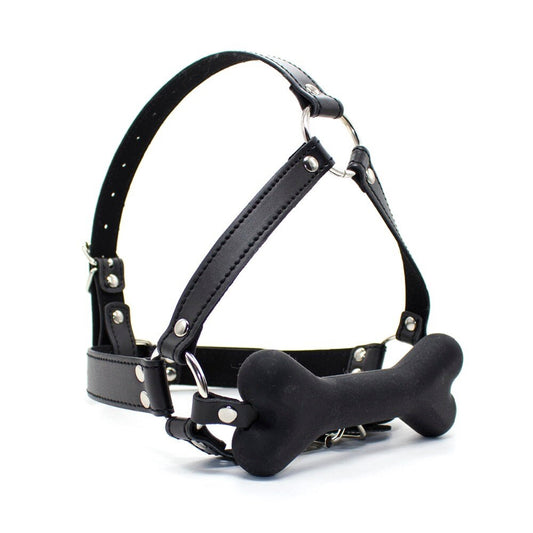 Dog Bone Mouth Gag with Head Harness for Puppy Play