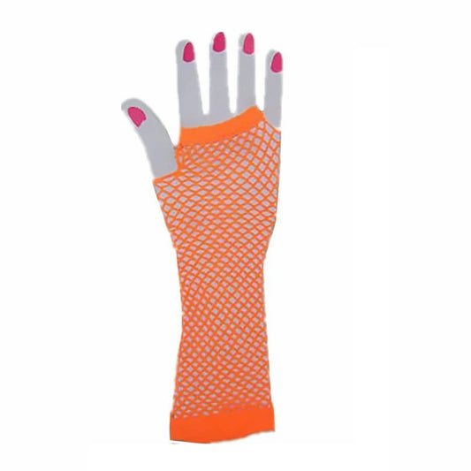 Sexy Halloween Raver Long Orange Fishnet Gloves