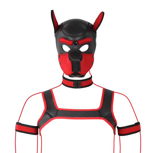 Pup Hood Kit Harness Collar Arm Bands Dog Mask Puppy Play - Red