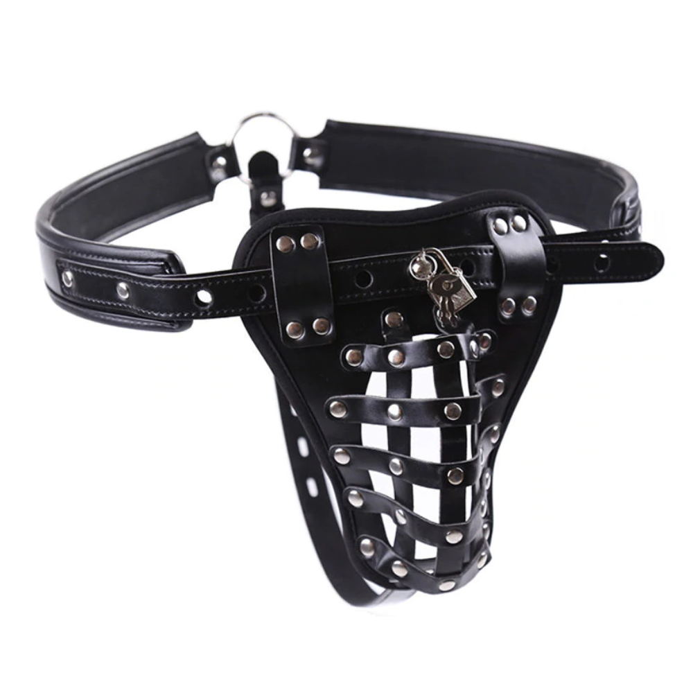 Leather Male Chastity Device Pants Style Pouch with Waist Belt