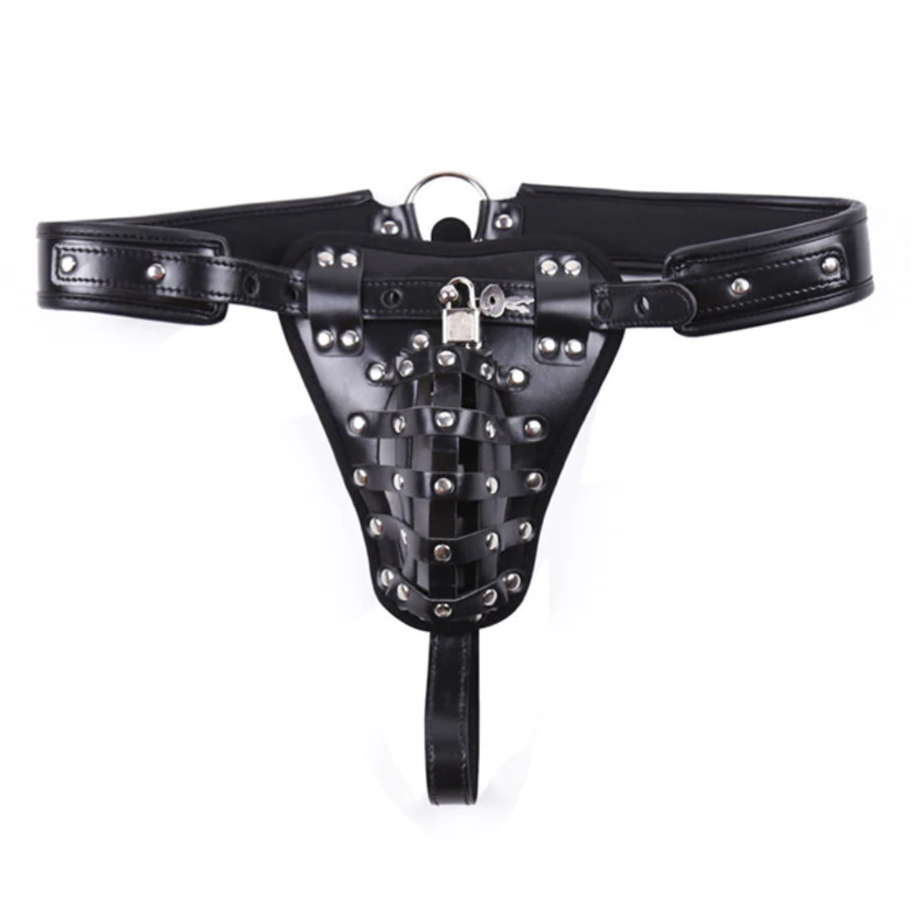 Leather Male Chastity Device Pants Style Pouch with Waist Belt