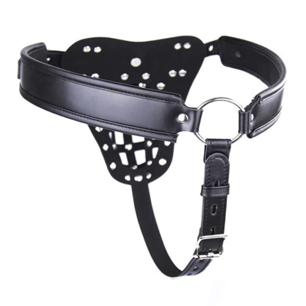 Leather Male Chastity Device Pants Style Pouch with Waist Belt