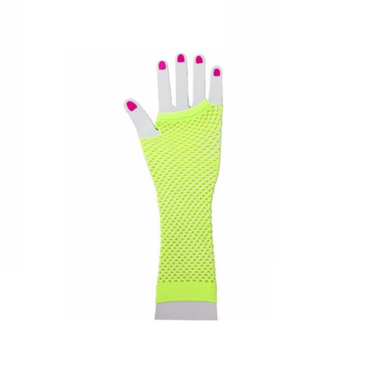 Sexy Halloween Raver Long Neon Yellow Fishnet Gloves