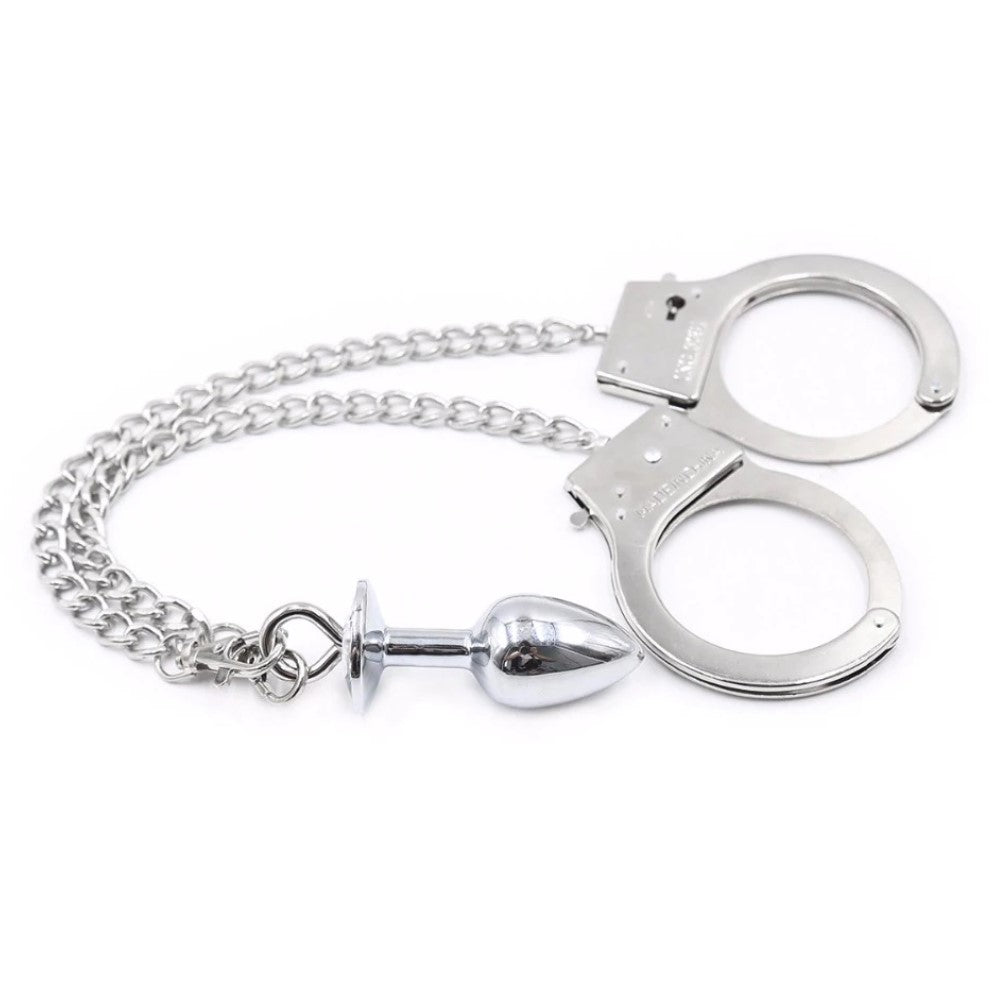 Handcuffs and Connecting Chain Restraint to Princess Anal Butt Plug