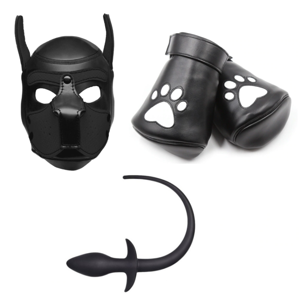 Neoprene Pup Hood Dog Mask Set Mitts and Tail Puppy Play Kit - Black