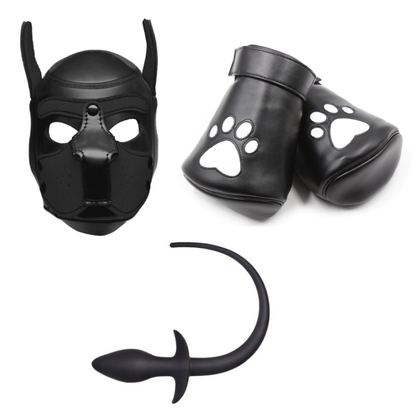 Neoprene Pup Hood Dog Mask Set Mitts and Tail Puppy Play Kit - Black