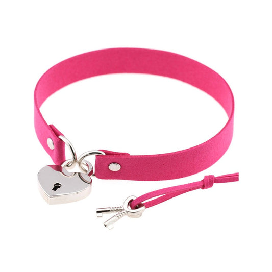 Hot Pink Heart Lock Choker with Keys Necklace Slave Collar Submissive
