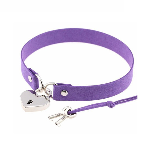 Purple Heart Lock Choker with Keys Necklace Slave Collar Submissive