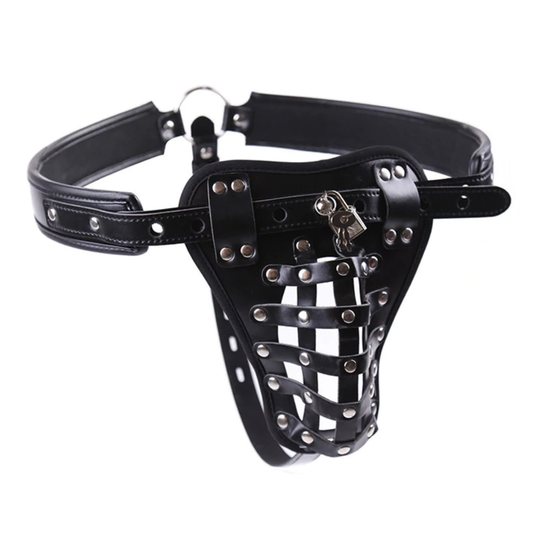 Leather Male Chastity Device Pants Style Pouch with Waist Belt