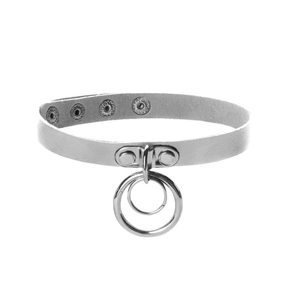 White Double 2 Ring Choker Sub Necklace Slave Collar Submissive